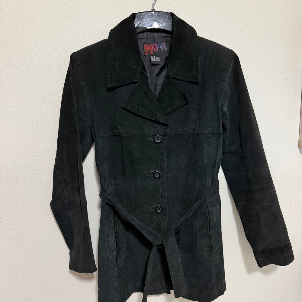 Vintage Moda International Black Suede Leather Belted Trench Coat Jacket M